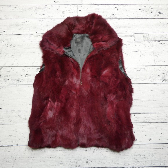 Saks Fifth Avenue Vest Womens Medium Large Burgundy Real Rabbit Fur Zip Front - Picture 1 of 10